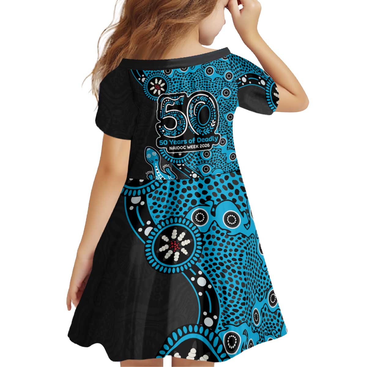 Cronulla-Sutherland Sharks NAIDOC Week 2026 Kid Short Sleeve Dress Aboriginal Lizard Dot Painting - 50 Years of Deadly