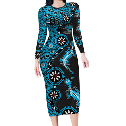 Cronulla-Sutherland Sharks NAIDOC Week 2026 Long Sleeve Bodycon Dress Aboriginal Lizard Dot Painting - 50 Years of Deadly