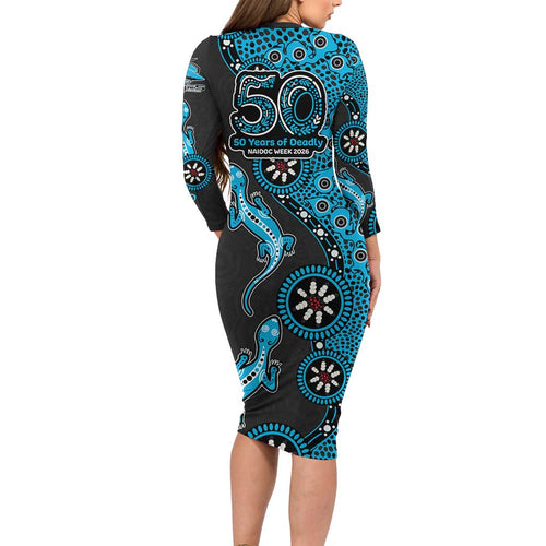 Cronulla-Sutherland Sharks NAIDOC Week 2026 Long Sleeve Bodycon Dress Aboriginal Lizard Dot Painting - 50 Years of Deadly