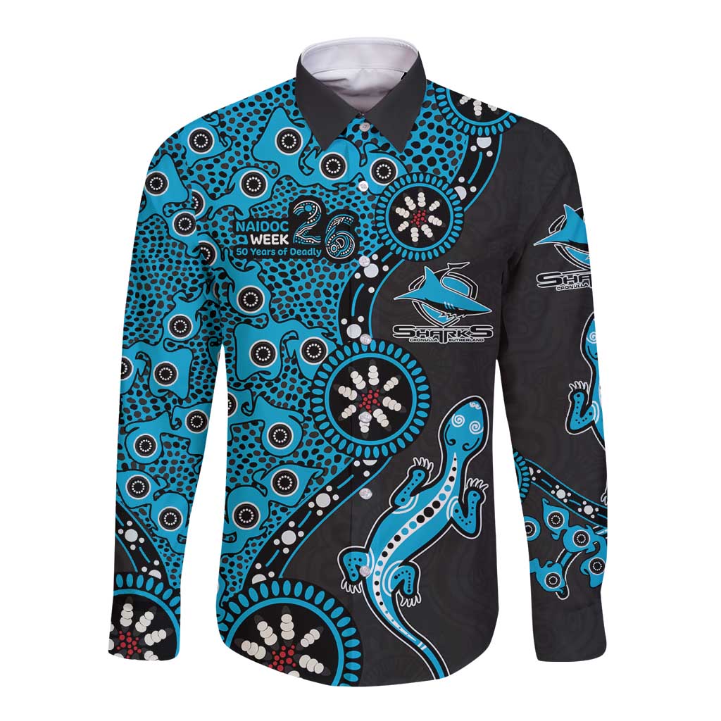 Cronulla-Sutherland Sharks NAIDOC Week 2026 Long Sleeve Button Shirt Aboriginal Lizard Dot Painting - 50 Years of Deadly
