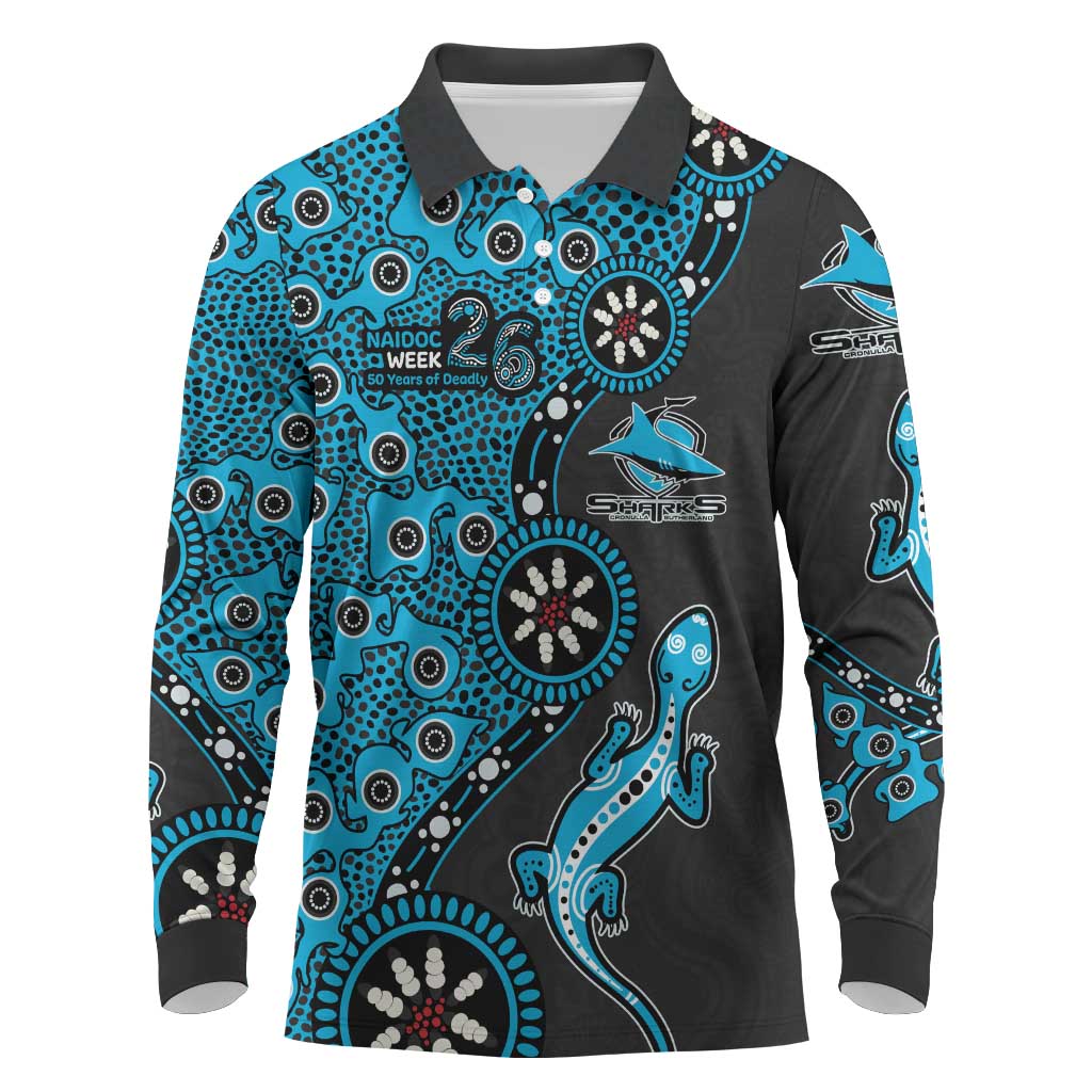 Cronulla-Sutherland Sharks NAIDOC Week 2026 Long Sleeve Polo Shirt Aboriginal Lizard Dot Painting - 50 Years of Deadly