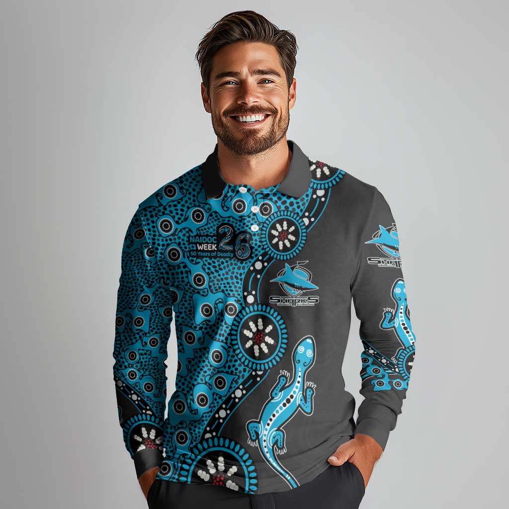 Cronulla-Sutherland Sharks NAIDOC Week 2026 Long Sleeve Polo Shirt Aboriginal Lizard Dot Painting - 50 Years of Deadly
