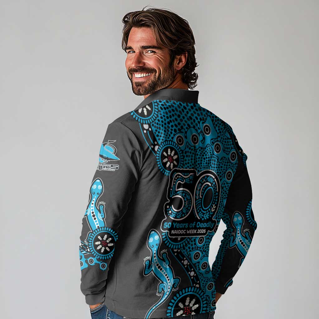 Cronulla-Sutherland Sharks NAIDOC Week 2026 Long Sleeve Polo Shirt Aboriginal Lizard Dot Painting - 50 Years of Deadly
