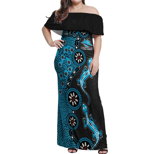Cronulla-Sutherland Sharks NAIDOC Week 2026 Off Shoulder Maxi Dress Aboriginal Lizard Dot Painting - 50 Years of Deadly