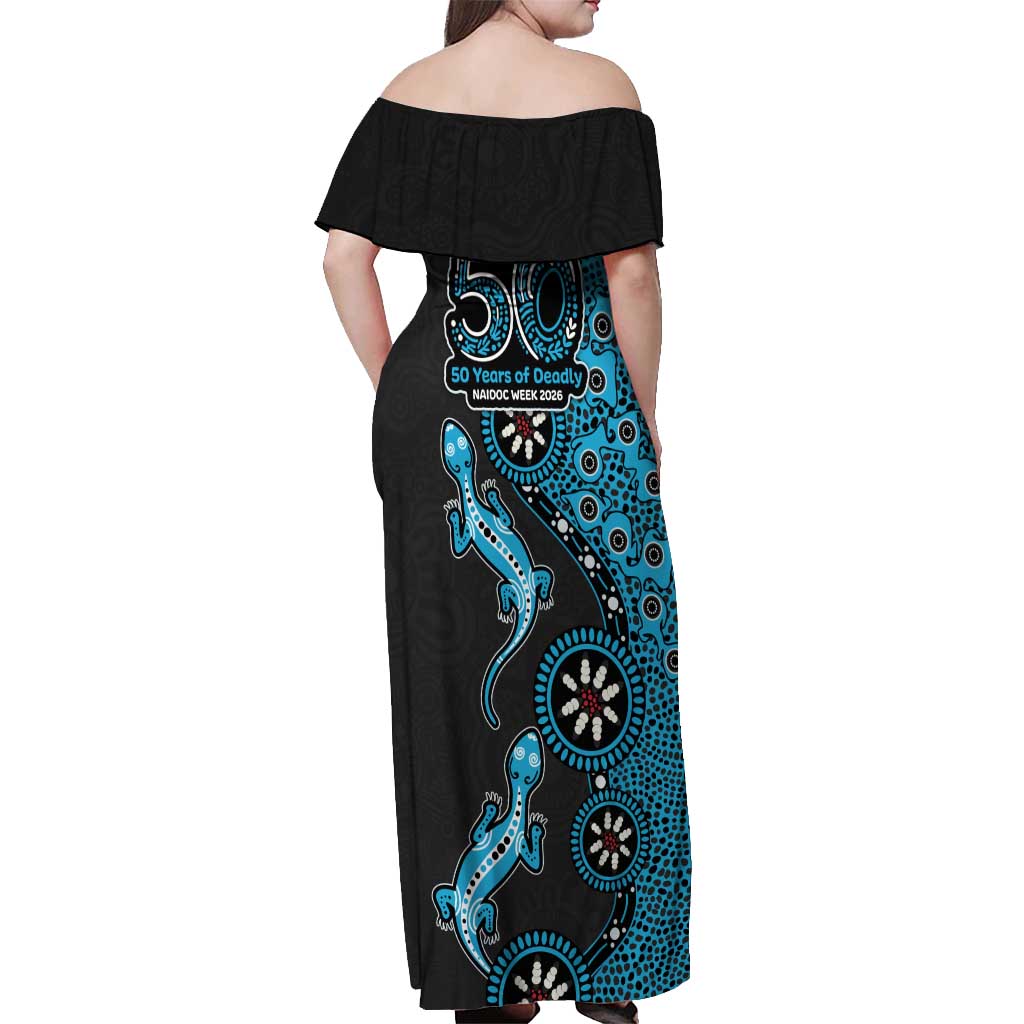 Cronulla-Sutherland Sharks NAIDOC Week 2026 Off Shoulder Maxi Dress Aboriginal Lizard Dot Painting - 50 Years of Deadly