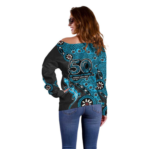 Cronulla-Sutherland Sharks NAIDOC Week 2026 Off Shoulder Sweater Aboriginal Lizard Dot Painting - 50 Years of Deadly