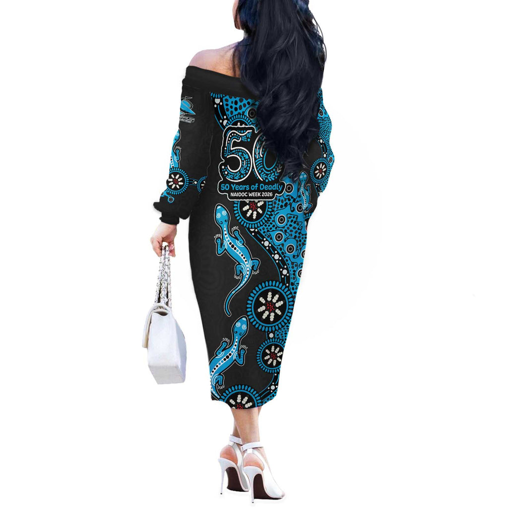 Cronulla-Sutherland Sharks NAIDOC Week 2026 Off The Shoulder Long Sleeve Dress Aboriginal Lizard Dot Painting - 50 Years of Deadly