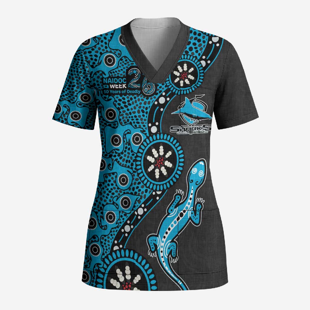 Cronulla-Sutherland Sharks NAIDOC Week 2026 Scrub Top Aboriginal Lizard Dot Painting - 50 Years of Deadly