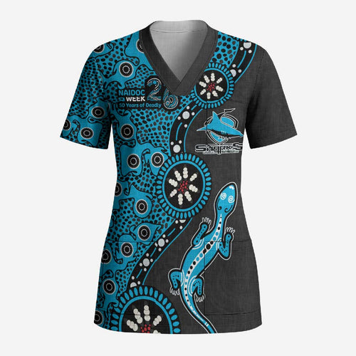 Cronulla-Sutherland Sharks NAIDOC Week 2026 Scrub Top Aboriginal Lizard Dot Painting - 50 Years of Deadly