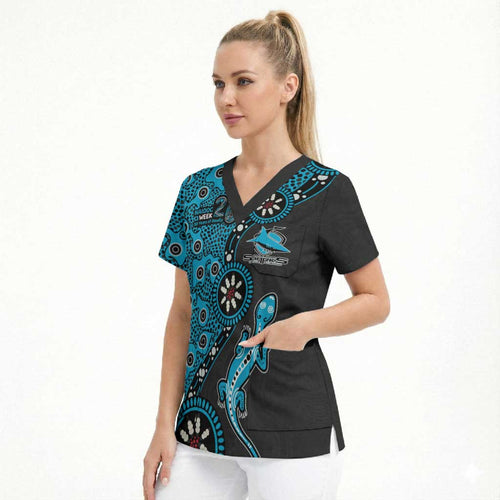 Cronulla-Sutherland Sharks NAIDOC Week 2026 Scrub Top Aboriginal Lizard Dot Painting - 50 Years of Deadly