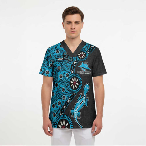 Cronulla-Sutherland Sharks NAIDOC Week 2026 Scrub Top Aboriginal Lizard Dot Painting - 50 Years of Deadly