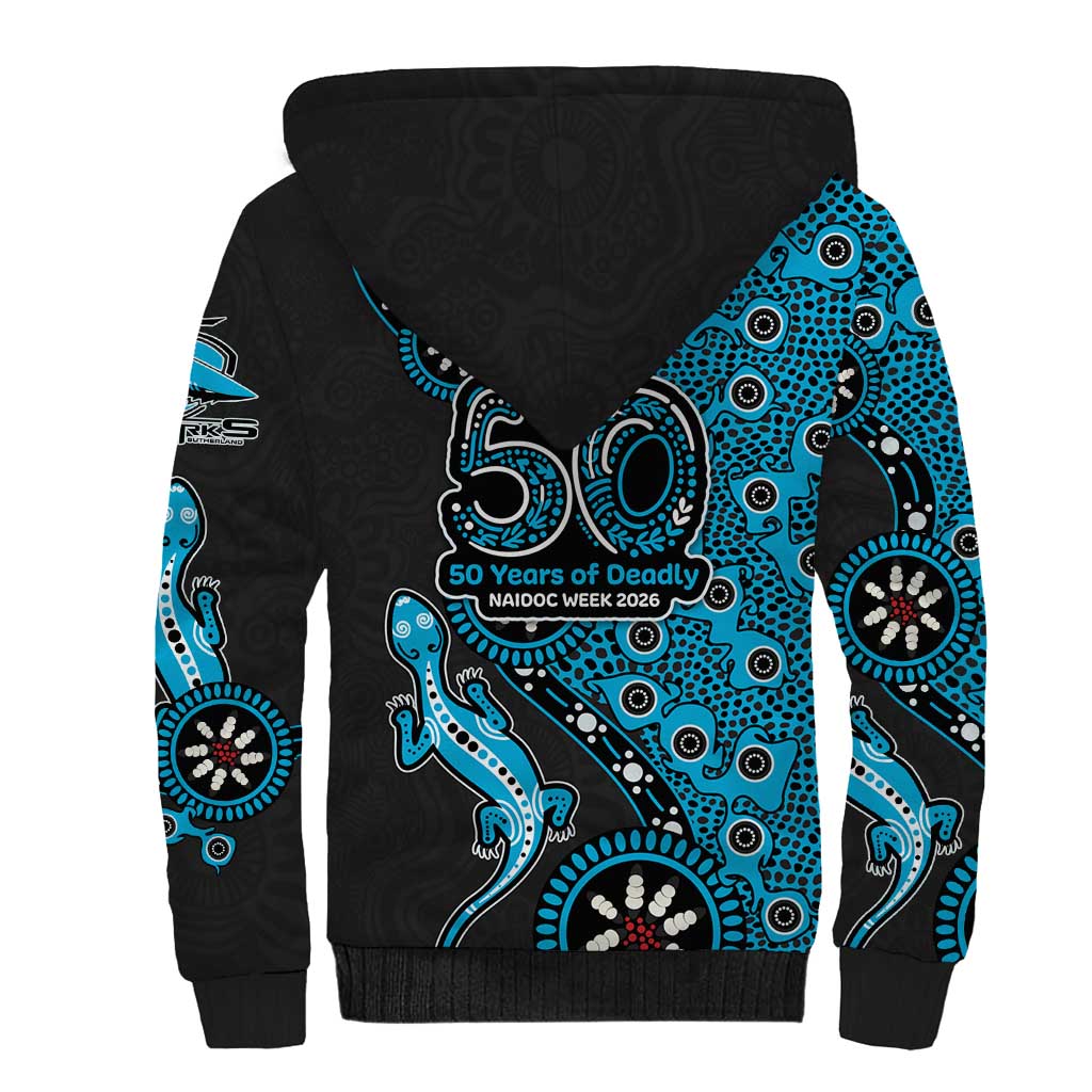 Cronulla-Sutherland Sharks NAIDOC Week 2026 Sherpa Hoodie Aboriginal Lizard Dot Painting - 50 Years of Deadly
