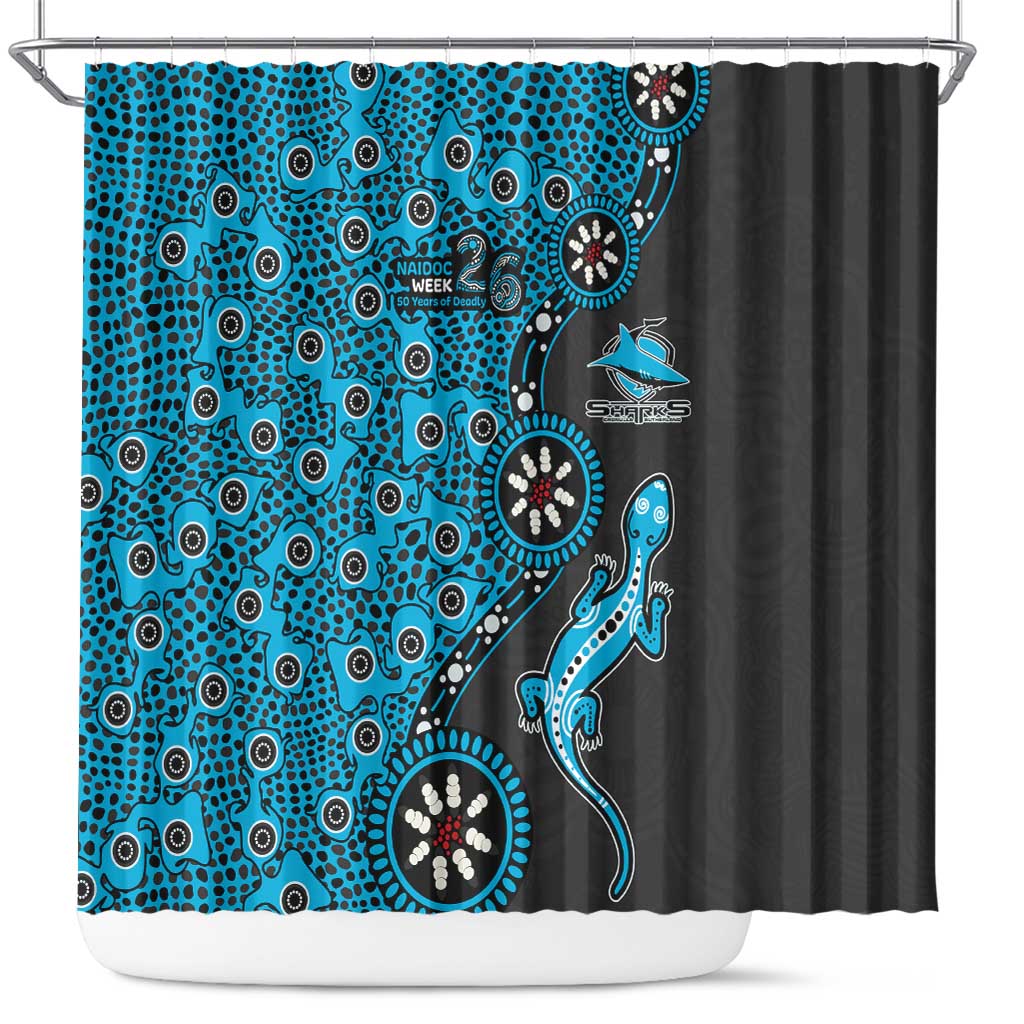 Cronulla-Sutherland Sharks NAIDOC Week 2026 Shower Curtain Aboriginal Lizard Dot Painting - 50 Years of Deadly