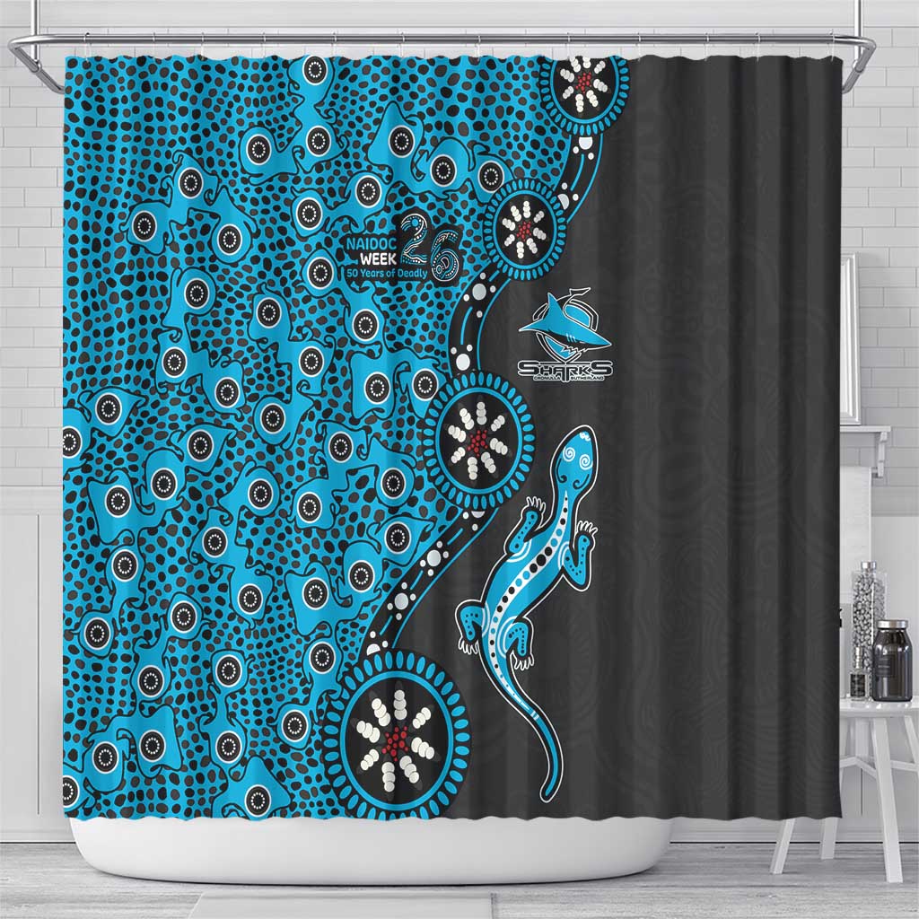 Cronulla-Sutherland Sharks NAIDOC Week 2026 Shower Curtain Aboriginal Lizard Dot Painting - 50 Years of Deadly