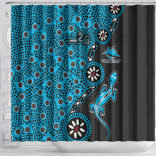 Cronulla-Sutherland Sharks NAIDOC Week 2026 Shower Curtain Aboriginal Lizard Dot Painting - 50 Years of Deadly
