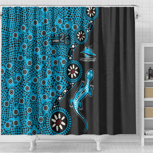 Cronulla-Sutherland Sharks NAIDOC Week 2026 Shower Curtain Aboriginal Lizard Dot Painting - 50 Years of Deadly