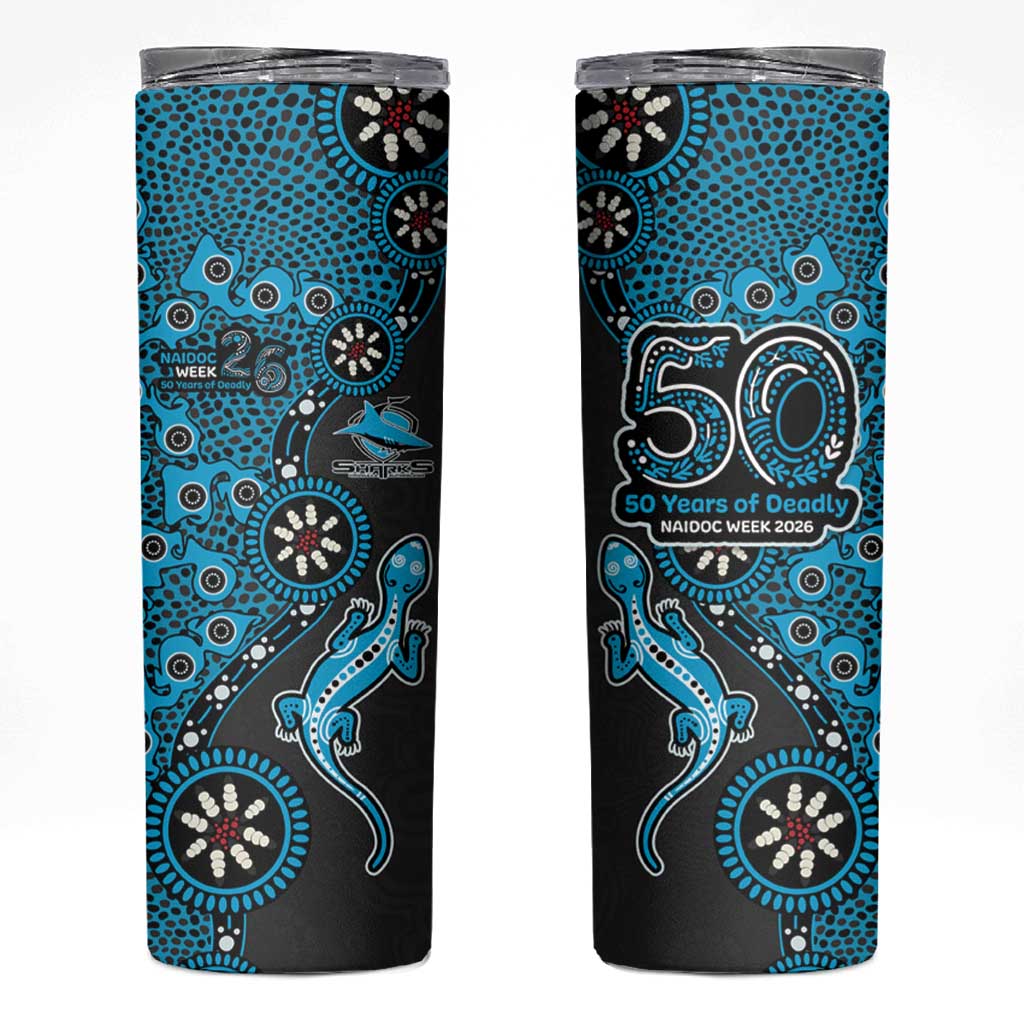 Cronulla-Sutherland Sharks NAIDOC Week 2026 Skinny Tumbler Aboriginal Lizard Dot Painting - 50 Years of Deadly