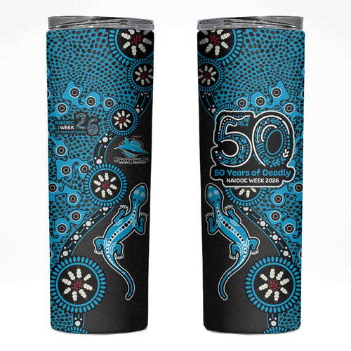 Cronulla-Sutherland Sharks NAIDOC Week 2026 Skinny Tumbler Aboriginal Lizard Dot Painting - 50 Years of Deadly