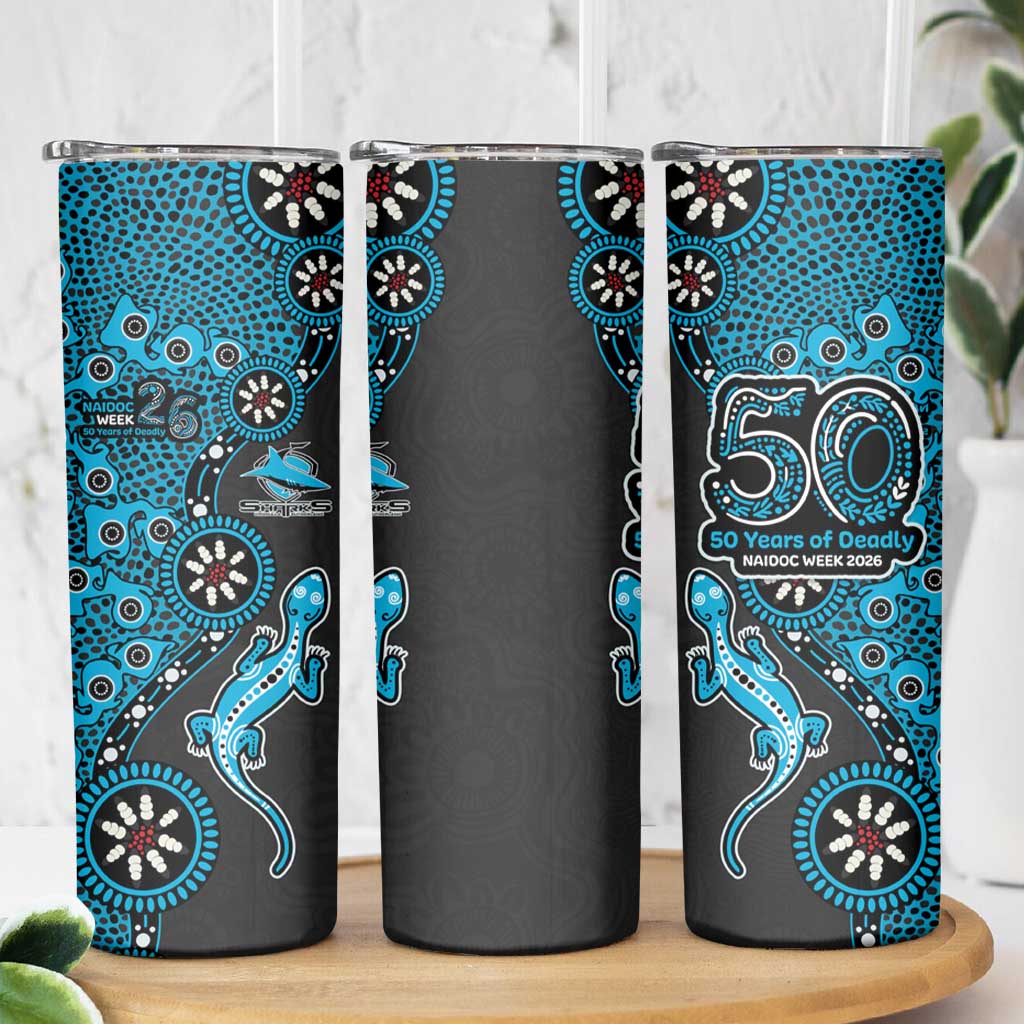 Cronulla-Sutherland Sharks NAIDOC Week 2026 Skinny Tumbler Aboriginal Lizard Dot Painting - 50 Years of Deadly