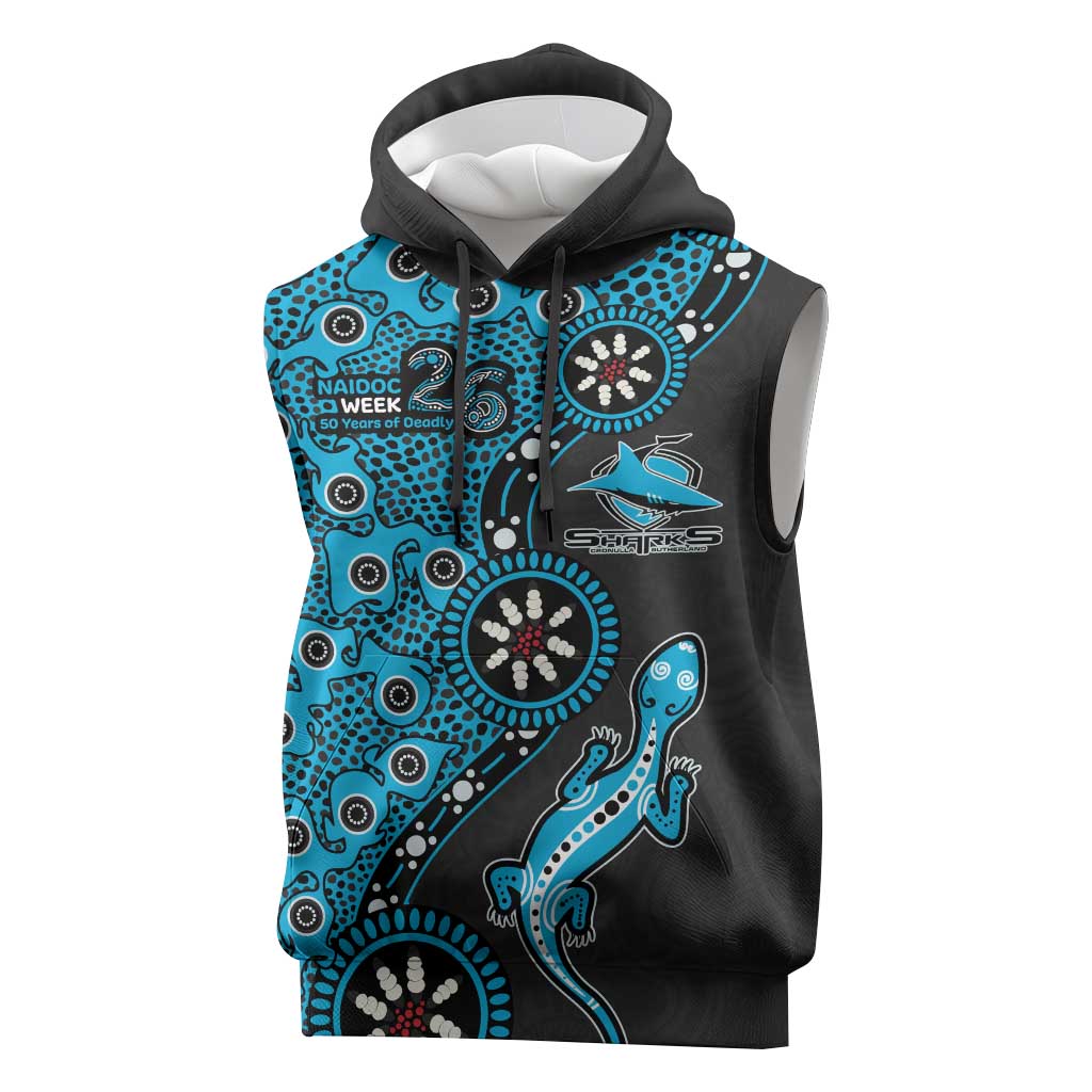 Cronulla-Sutherland Sharks NAIDOC Week 2026 Sleeveless Hoodie Aboriginal Lizard Dot Painting - 50 Years of Deadly