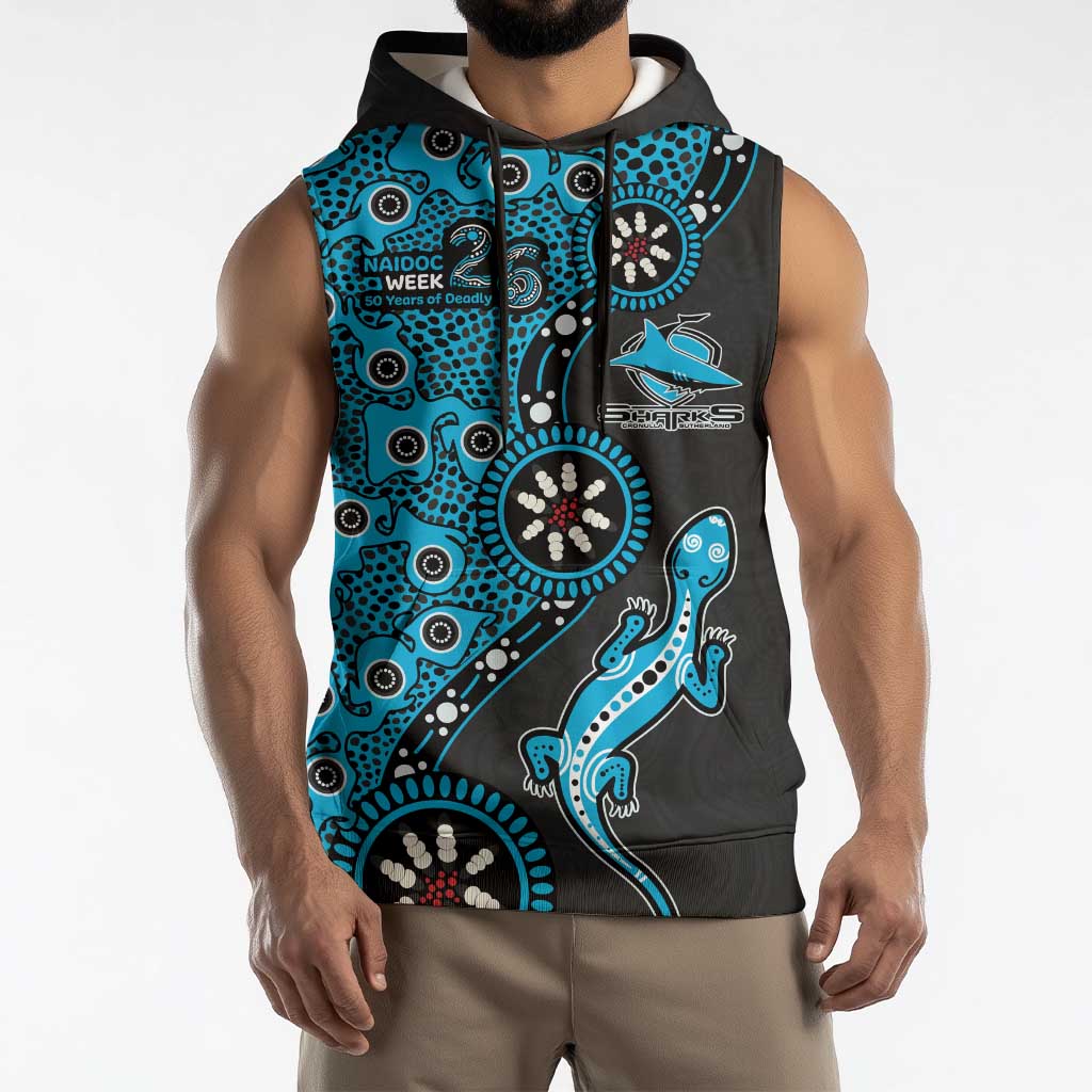 Cronulla-Sutherland Sharks NAIDOC Week 2026 Sleeveless Hoodie Aboriginal Lizard Dot Painting - 50 Years of Deadly