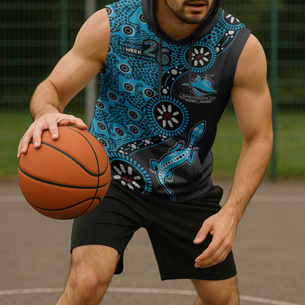 Cronulla-Sutherland Sharks NAIDOC Week 2026 Sleeveless Hoodie Aboriginal Lizard Dot Painting - 50 Years of Deadly