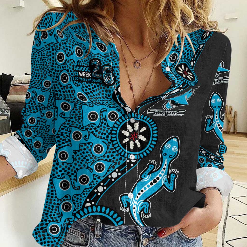 Cronulla-Sutherland Sharks NAIDOC Week 2026 Women Casual Shirt Aboriginal Lizard Dot Painting - 50 Years of Deadly