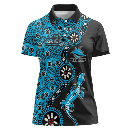 Cronulla-Sutherland Sharks NAIDOC Week 2026 Women Polo Shirt Aboriginal Lizard Dot Painting - 50 Years of Deadly