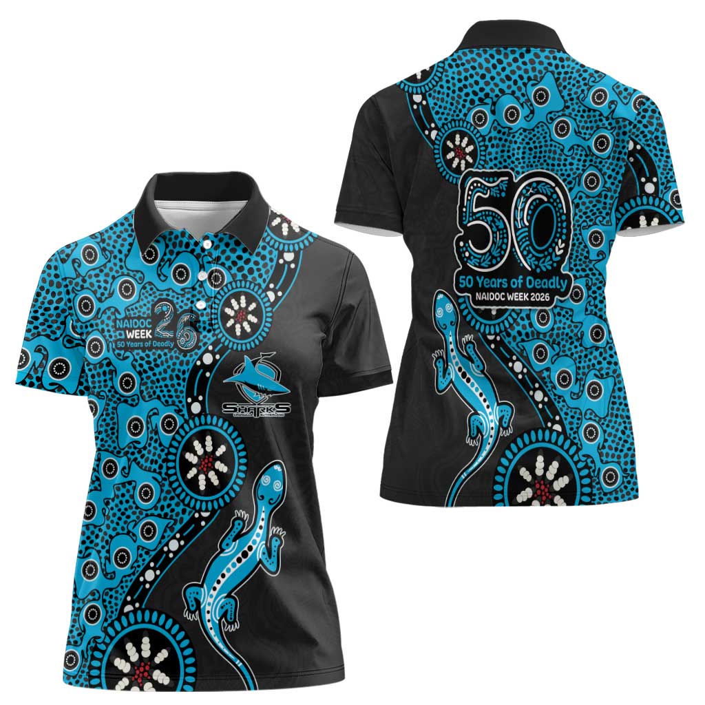 Cronulla-Sutherland Sharks NAIDOC Week 2026 Women Polo Shirt Aboriginal Lizard Dot Painting - 50 Years of Deadly