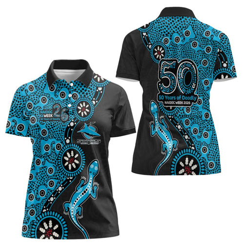 Cronulla-Sutherland Sharks NAIDOC Week 2026 Women Polo Shirt Aboriginal Lizard Dot Painting - 50 Years of Deadly