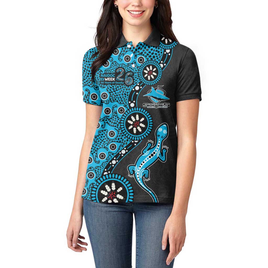 Cronulla-Sutherland Sharks NAIDOC Week 2026 Women Polo Shirt Aboriginal Lizard Dot Painting - 50 Years of Deadly
