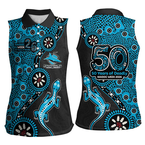 Cronulla-Sutherland Sharks NAIDOC Week 2026 Women Sleeveless Polo Shirt Aboriginal Lizard Dot Painting - 50 Years of Deadly