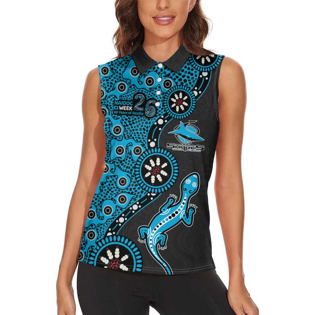 Cronulla-Sutherland Sharks NAIDOC Week 2026 Women Sleeveless Polo Shirt Aboriginal Lizard Dot Painting - 50 Years of Deadly