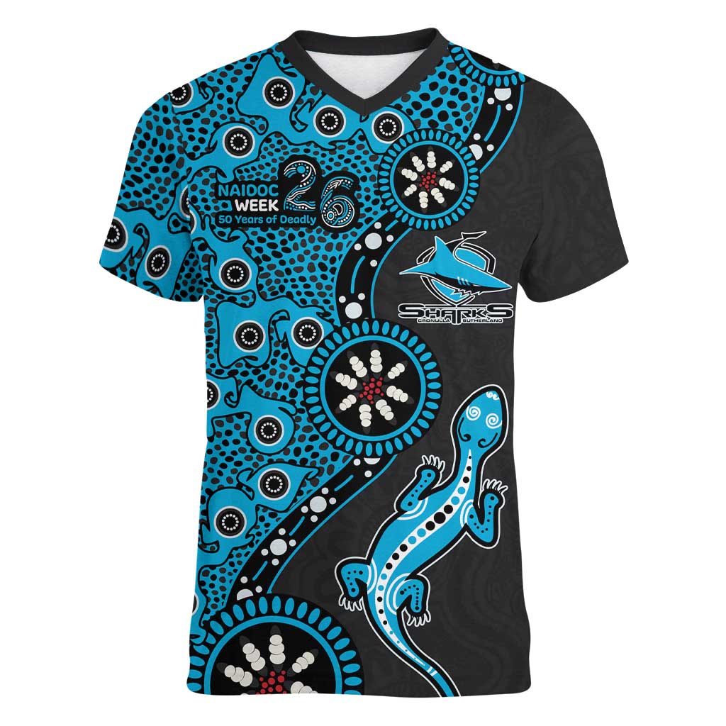 Cronulla-Sutherland Sharks NAIDOC Week 2026 Women V-Neck T-Shirt Aboriginal Lizard Dot Painting - 50 Years of Deadly