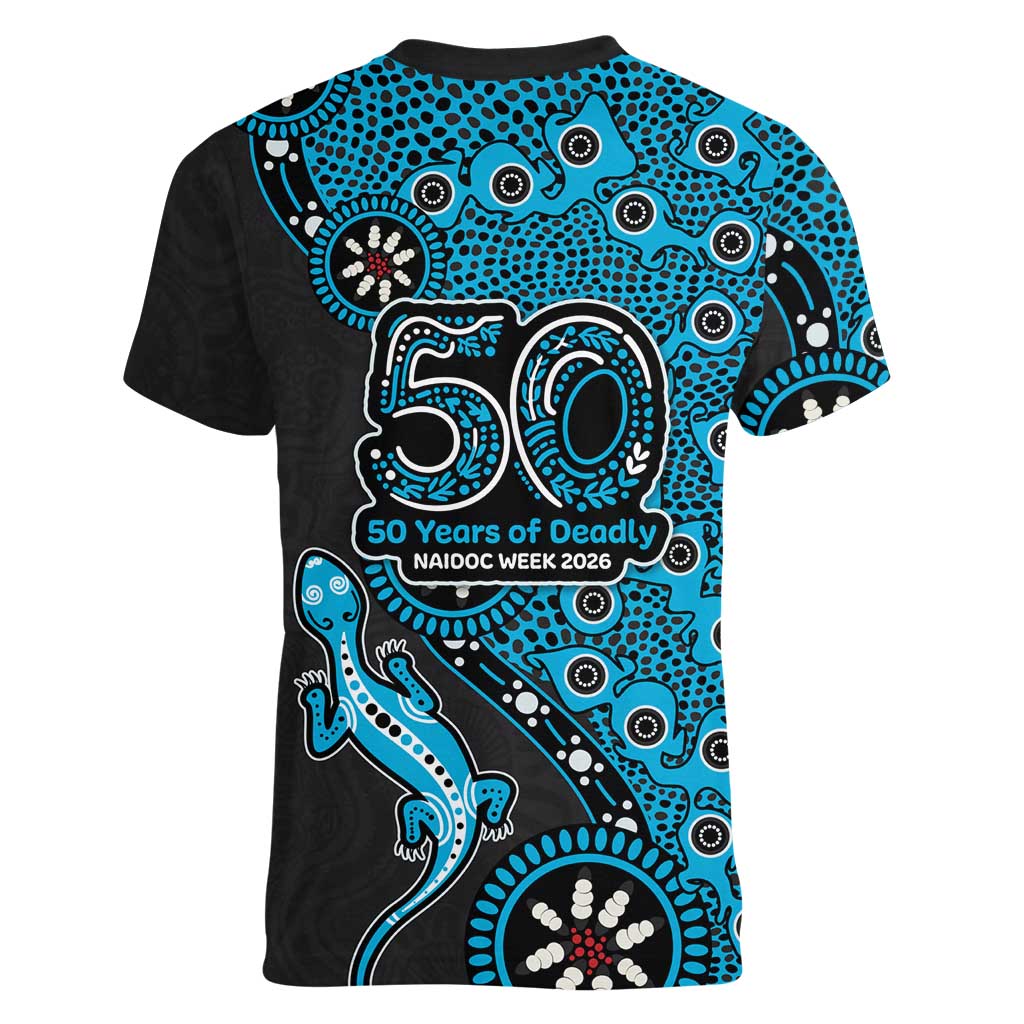 Cronulla-Sutherland Sharks NAIDOC Week 2026 Women V-Neck T-Shirt Aboriginal Lizard Dot Painting - 50 Years of Deadly