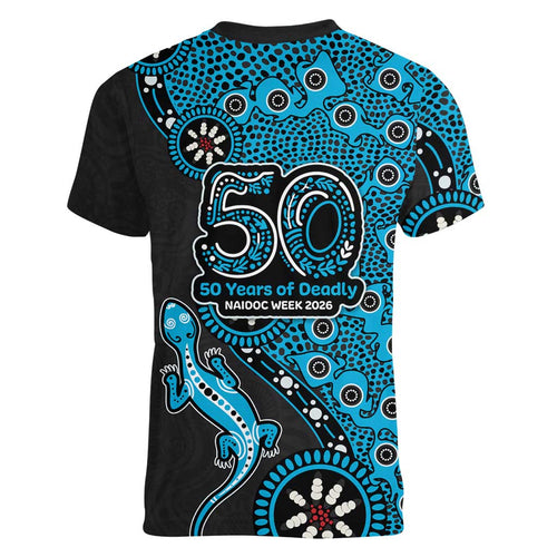 Cronulla-Sutherland Sharks NAIDOC Week 2026 Women V-Neck T-Shirt Aboriginal Lizard Dot Painting - 50 Years of Deadly