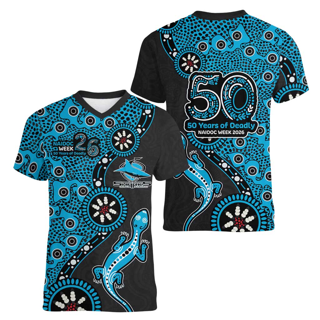 Cronulla-Sutherland Sharks NAIDOC Week 2026 Women V-Neck T-Shirt Aboriginal Lizard Dot Painting - 50 Years of Deadly