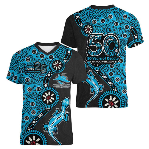 Cronulla-Sutherland Sharks NAIDOC Week 2026 Women V-Neck T-Shirt Aboriginal Lizard Dot Painting - 50 Years of Deadly