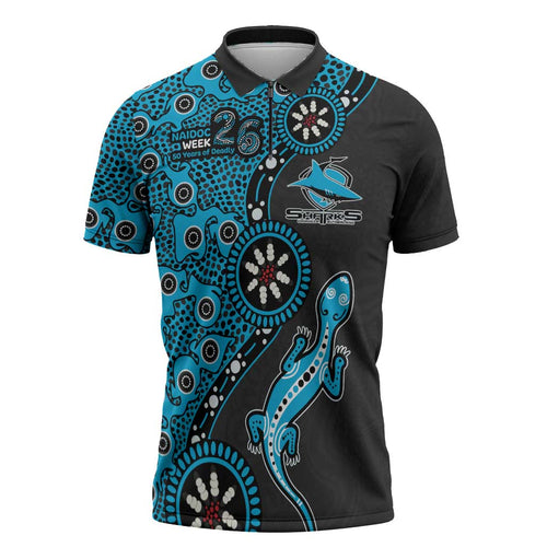 Cronulla-Sutherland Sharks NAIDOC Week 2026 Zipper Polo Shirt Aboriginal Lizard Dot Painting - 50 Years of Deadly