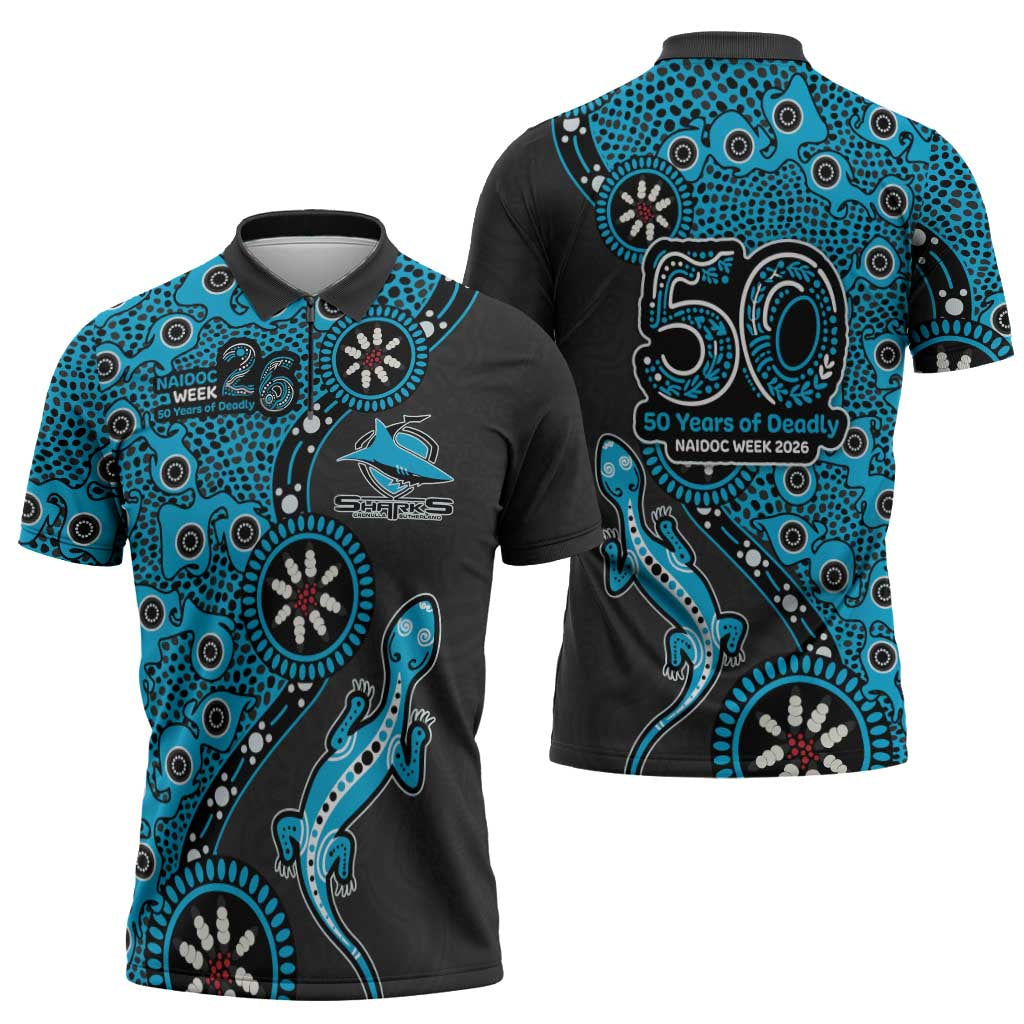 Cronulla-Sutherland Sharks NAIDOC Week 2026 Zipper Polo Shirt Aboriginal Lizard Dot Painting - 50 Years of Deadly