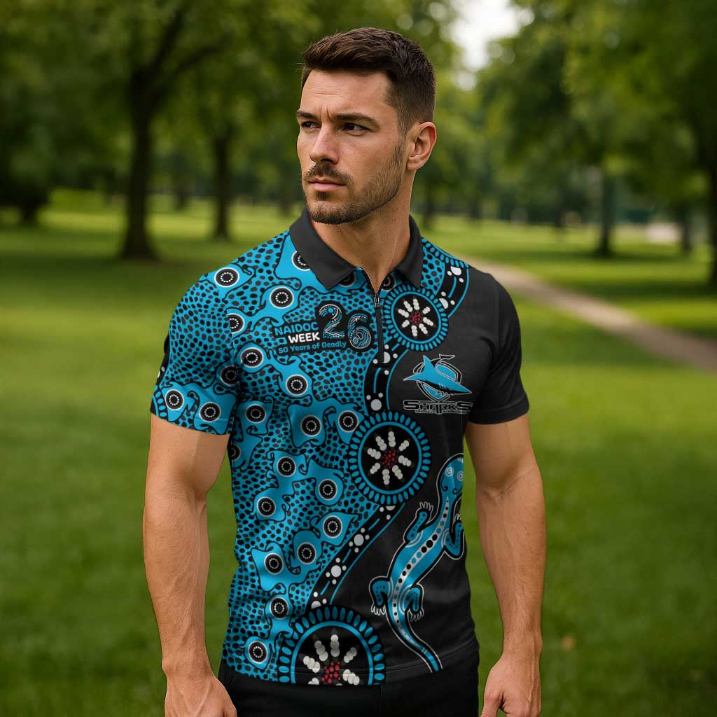 Cronulla-Sutherland Sharks NAIDOC Week 2026 Zipper Polo Shirt Aboriginal Lizard Dot Painting - 50 Years of Deadly