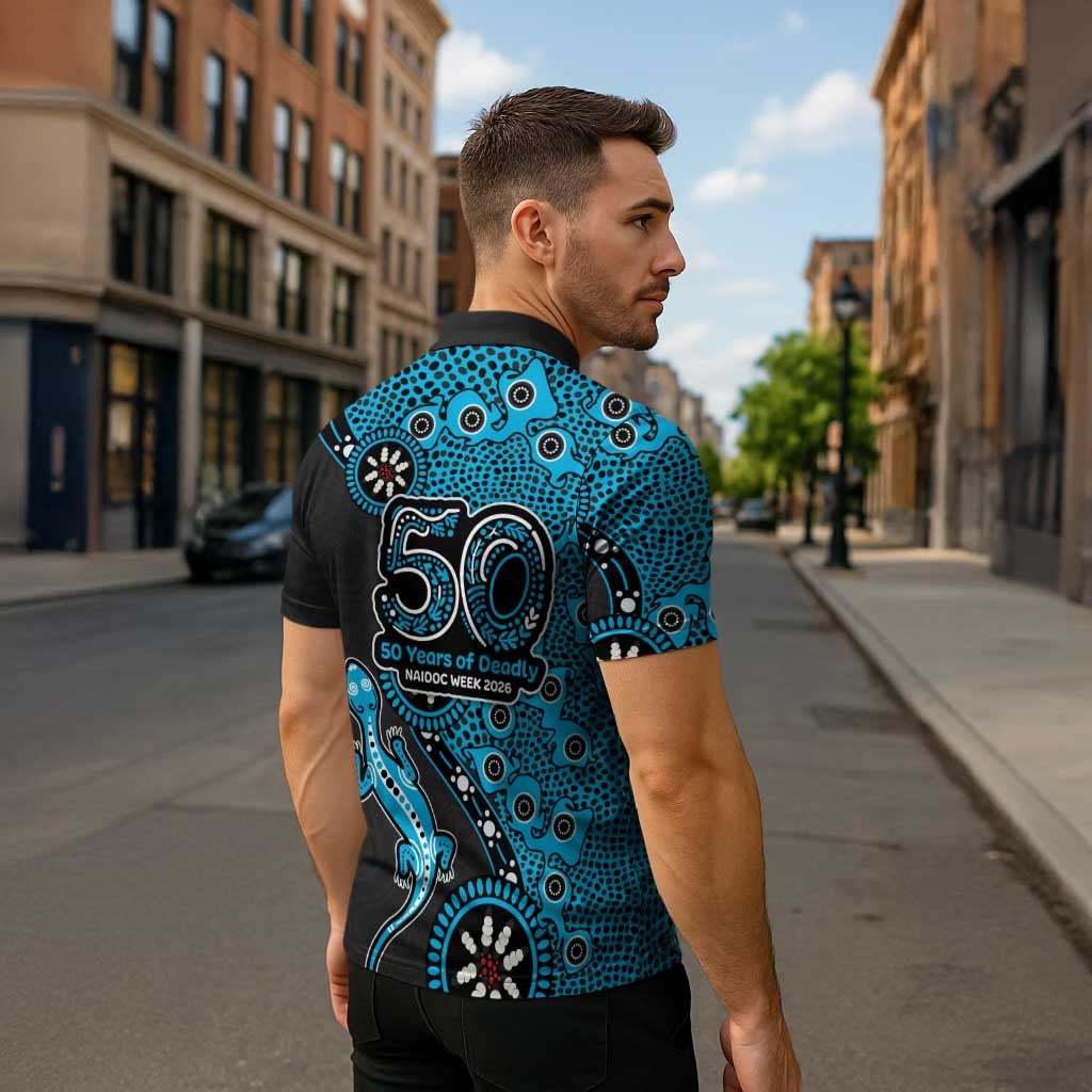 Cronulla-Sutherland Sharks NAIDOC Week 2026 Zipper Polo Shirt Aboriginal Lizard Dot Painting - 50 Years of Deadly