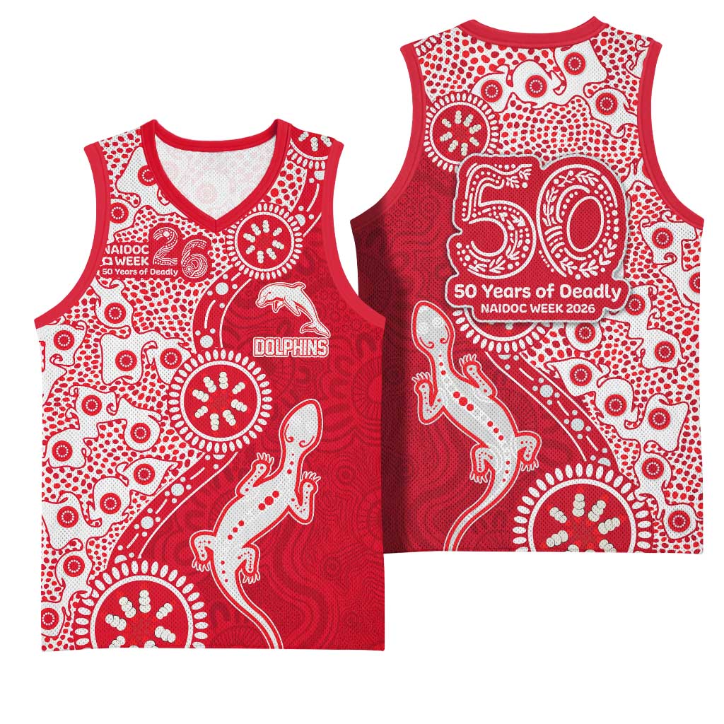 Dolphins NRL NAIDOC Week 2026 Basketball Jersey Aboriginal Lizard Dot Painting - 50 Years of Deadly