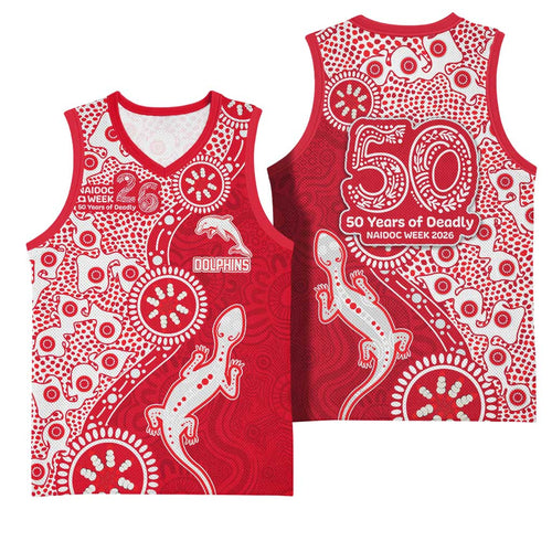 Dolphins NRL NAIDOC Week 2026 Basketball Jersey Aboriginal Lizard Dot Painting - 50 Years of Deadly