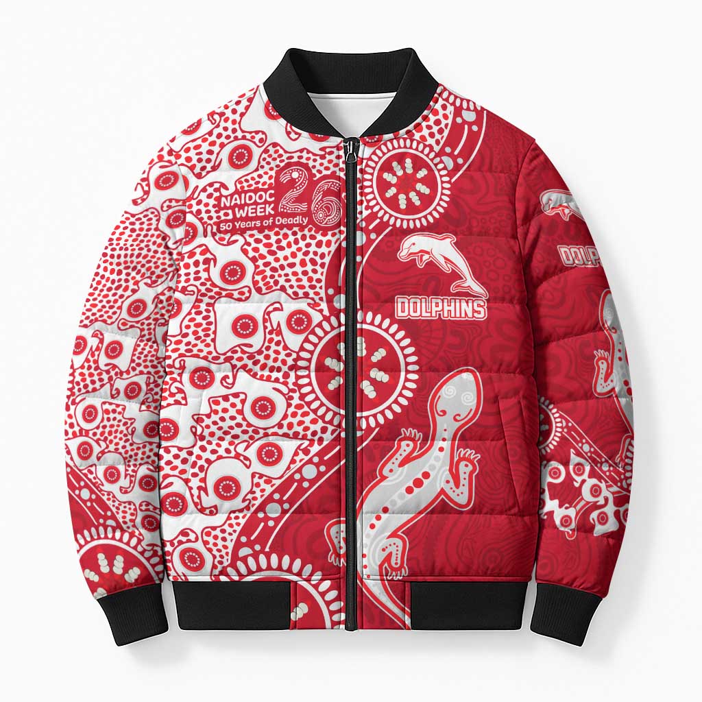 Dolphins NRL NAIDOC Week 2026 Bomber Puffer Jacket Aboriginal Lizard Dot Painting - 50 Years of Deadly