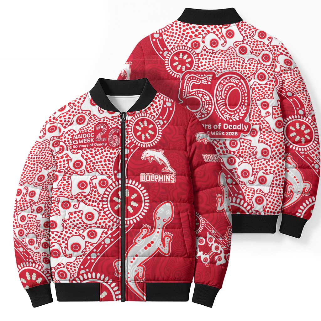 Dolphins NRL NAIDOC Week 2026 Bomber Puffer Jacket Aboriginal Lizard Dot Painting - 50 Years of Deadly