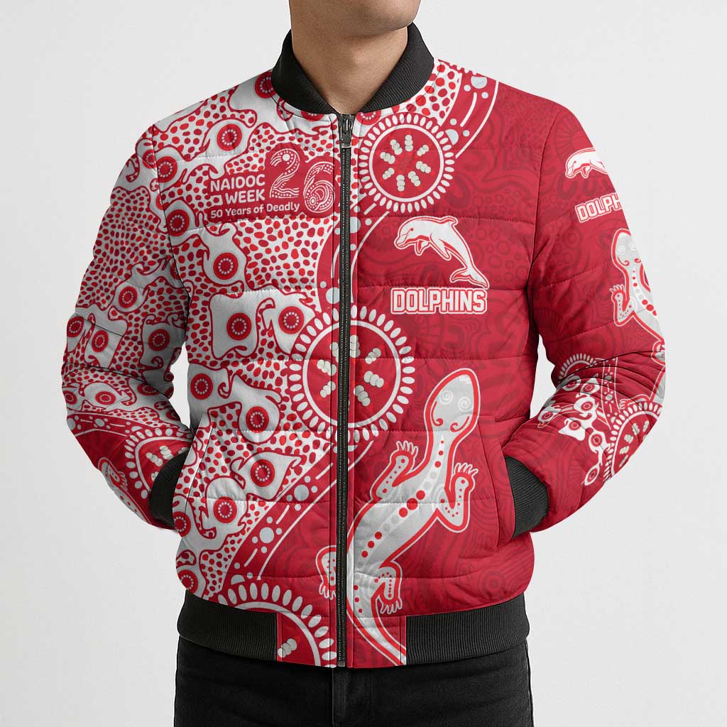 Dolphins NRL NAIDOC Week 2026 Bomber Puffer Jacket Aboriginal Lizard Dot Painting - 50 Years of Deadly