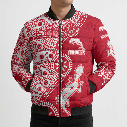 Dolphins NRL NAIDOC Week 2026 Bomber Puffer Jacket Aboriginal Lizard Dot Painting - 50 Years of Deadly