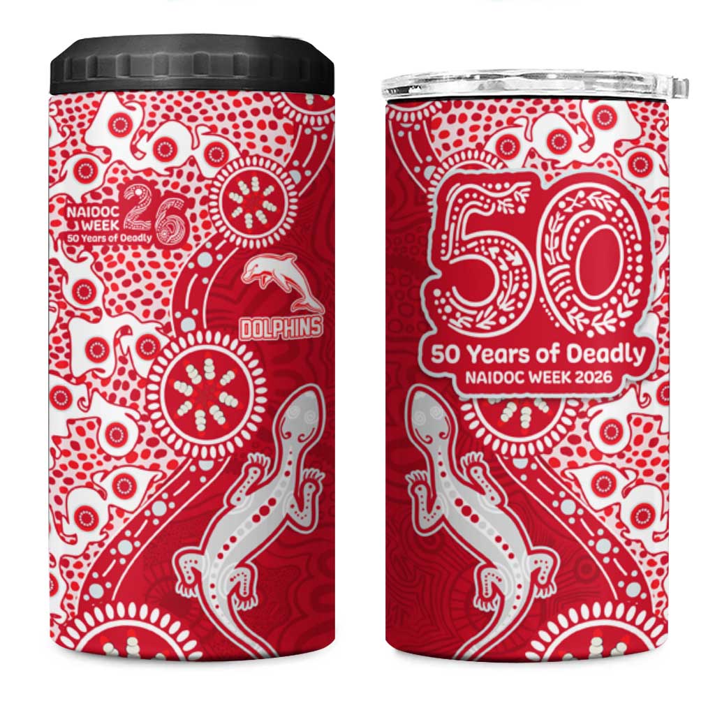 Dolphins NRL NAIDOC Week 2026 4 in 1 Can Cooler Tumbler Aboriginal Lizard Dot Painting - 50 Years of Deadly