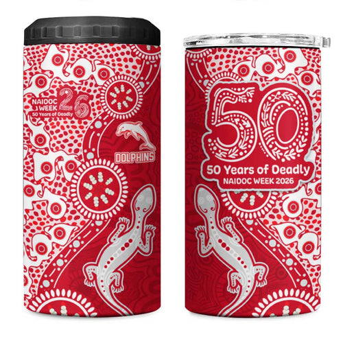 Dolphins NRL NAIDOC Week 2026 4 in 1 Can Cooler Tumbler Aboriginal Lizard Dot Painting - 50 Years of Deadly